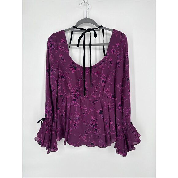 CINQ A SEPT Size Medium MABEL PURPLE FLORAL SILK BLACK VELVET RUFFLE BLOUSE TOP - Picture 14 of 16